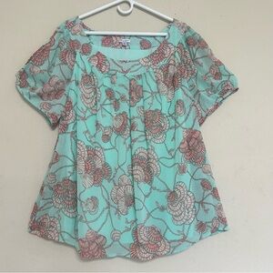 Rebecca Malone Top Women’s Size 3X Aqua Teal Shell Print Short Sleeve Blouse